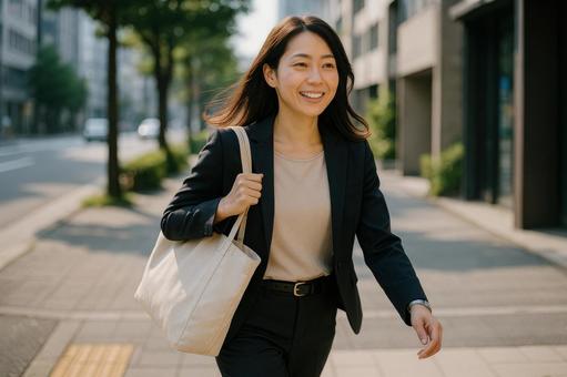 子を送り出勤する母親の写真