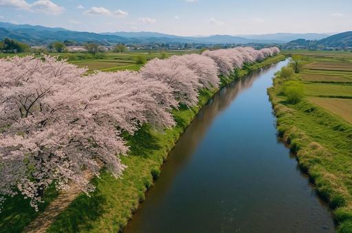桜並木と川の春景色 桜並木と川の春景色の写真
