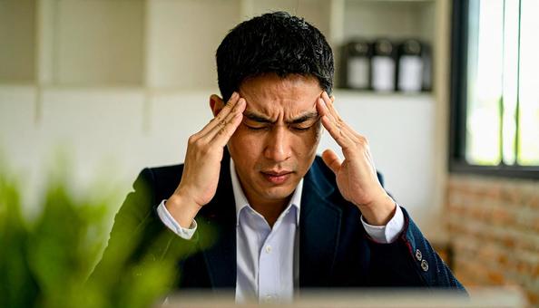 頭を押さえて悩む日本人男性ビジネスマン 頭を押さえて悩む日本人男性ビジネスマンの写真