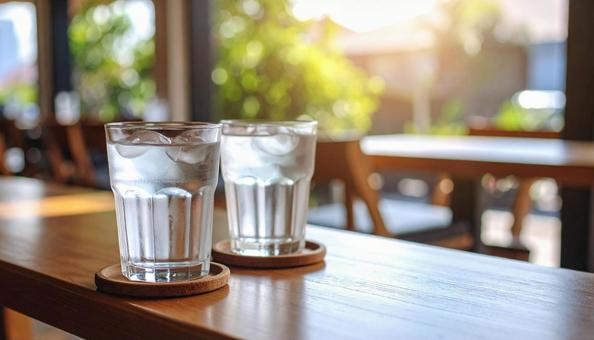 カフェテーブルのよく冷えた氷水二つ カフェテーブルのよく冷えた氷水二つの写真