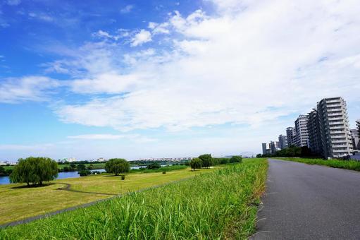 良く晴れた日の河川敷 良く晴れた日の河川敷 河川敷,晴れ,自然の写真素材