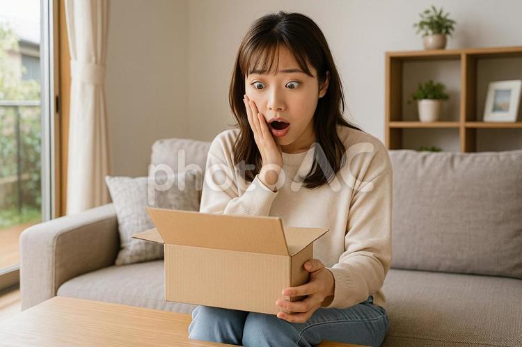 ソファで荷物を見て驚く女性 女性,驚き,段ボールの写真素材