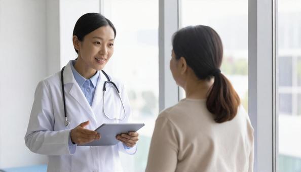 患者女性に説明する日本人医師 患者女性に説明する日本人医師の写真