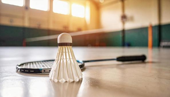 バトミントンのラケットとシャトル バトミントンのラケットとシャトルの写真