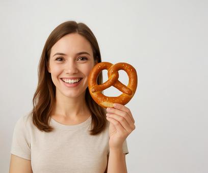 手にプレッツェルを持ち楽しそうに笑う女性 手にプレッツェルを持ち楽しそうに笑う女性の写真