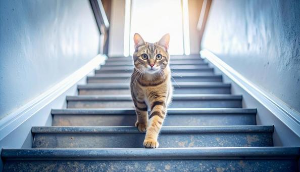 階段を下りる猫 階段を下りる猫の写真