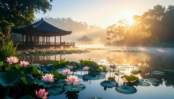 朝霧に浮かぶ蓮の花 朝霧に浮かぶ蓮の花の写真