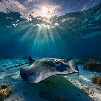 エメラルドグリーンの海とエイ エメラルドグリーンの海とエイの写真