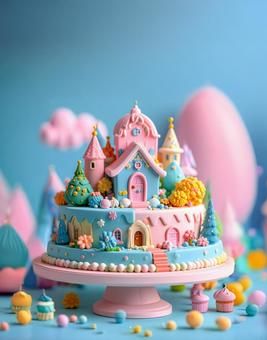 メルヘンチックなパステルカラーのケーキ メルヘンチックなパステルカラーのケーキの写真
