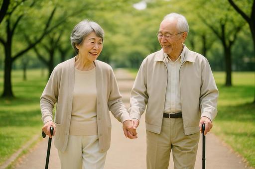 支え合って歩く老夫婦 支え合って歩く老夫婦の写真