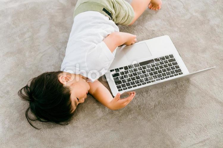 家でパソコンを使う日本人の男の子（子供） パソコン,アニメ,眠いの写真素材