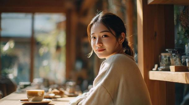 カフェでリラックスする女性 カフェでリラックスする女性の写真