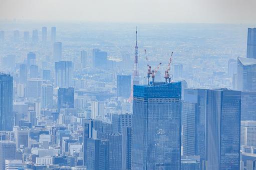 東京スカイツリーから見た東京タワー 街並み,東京,自然の写真素材