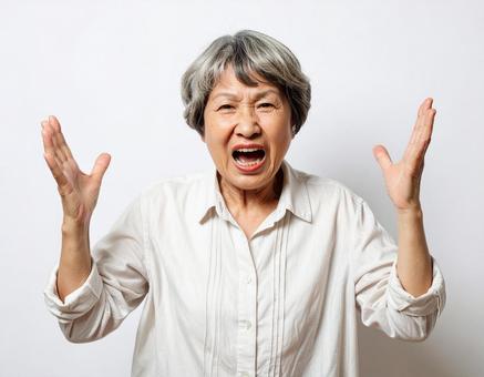 両手をあげて反論し怒る老婦人の写真