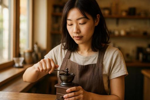 豆を挽く日本人女性 豆を挽く日本人女性の写真