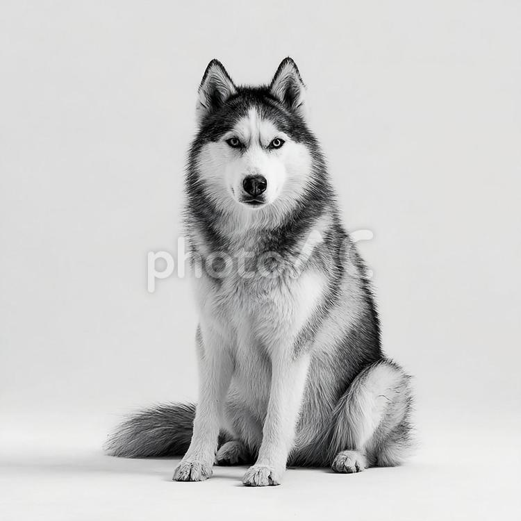 座るハスキーの白黒ポートレート ハスキー,犬,動物の写真素材