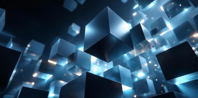 A cube floating in a gravity-free digital space, cube, no gravity, background, JPG