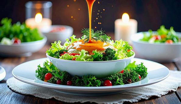 手作りドレッシングをかけるサラダ 手作りドレッシングをかけるサラダの写真