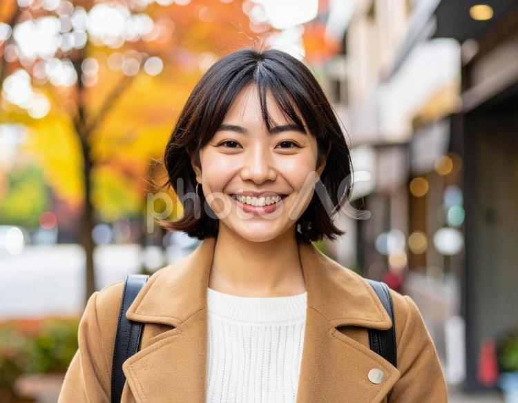 秋の街を歩く笑顔の女性 女性,笑顔,秋の写真素材