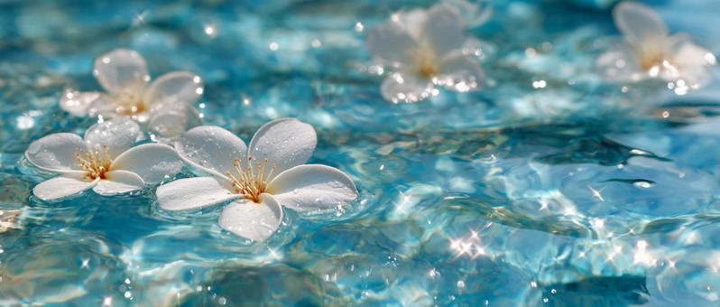 きらめく水に漂う白い桜の花びらの写真