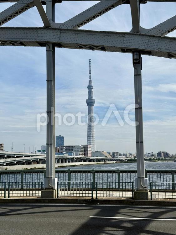 白鬚柱の隙間からスカイツリーが顔を出す 墨田区,居住区,河川の写真素材