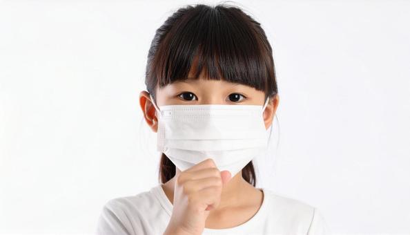 風邪で咳をしてマスクをしている女の子 風邪で咳をしてマスクをしている女の子の写真