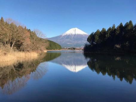水鏡に佇む富士の写真
