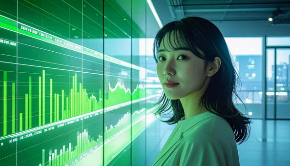 ディルプレイのチャートの前に立つ女性社員 ディルプレイのチャートの前に立つ女性社員の写真