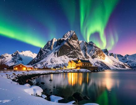 冬の大自然とオーロラの写真