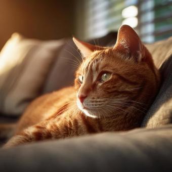 茶色と白の縞模様の猫が家の中でリラックス 茶色と白の縞模様の猫が家の中でリラックスの写真
