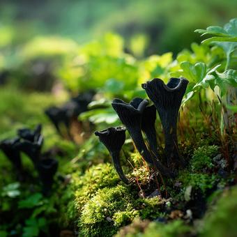 森の地面の神秘的なクロラッパタケ 森の地面の神秘的なクロラッパタケの写真