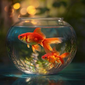 幻想的な光に包まれたガラス鉢の優雅な金魚 幻想的な光に包まれたガラス鉢の優雅な金魚の写真