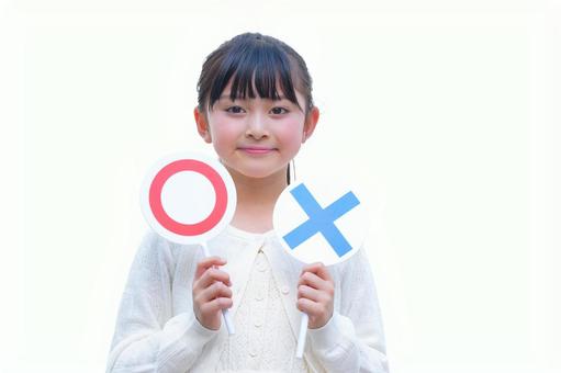 マルバツの札を持つ女の子（白背景） 子ども,女の子,小学生の写真素材