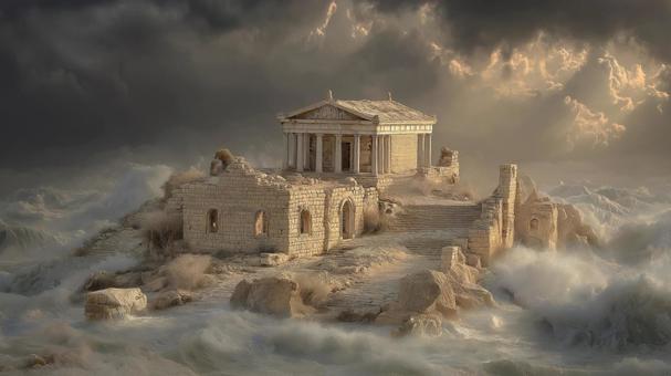 海に佇む幻想的な古代建築 海に佇む幻想的な古代建築の写真