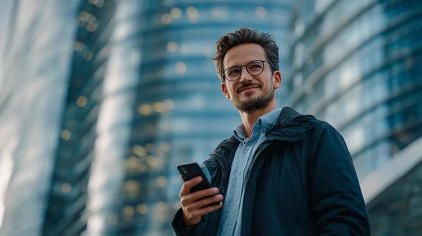 ビジネスマン:街で情報収集、笑顔で佇む ビジネスマン:街で情報収集、笑顔で佇むの写真