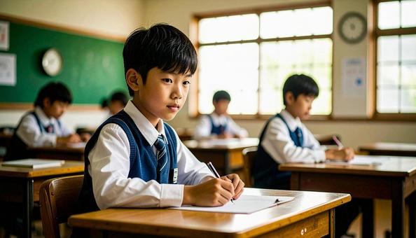 教室の机で勉強する男の子 教室の机で勉強する男の子の写真
