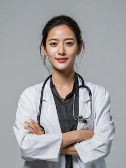 腕を組む女性医師 腕を組む女性医師の写真