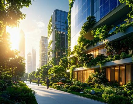 庭園と太陽光パネル並ぶ環境配慮型未来都市の写真