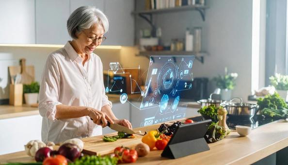 ホログラムレシピを見ながら料理する高齢者 ホログラムレシピを見ながら料理する高齢者の写真