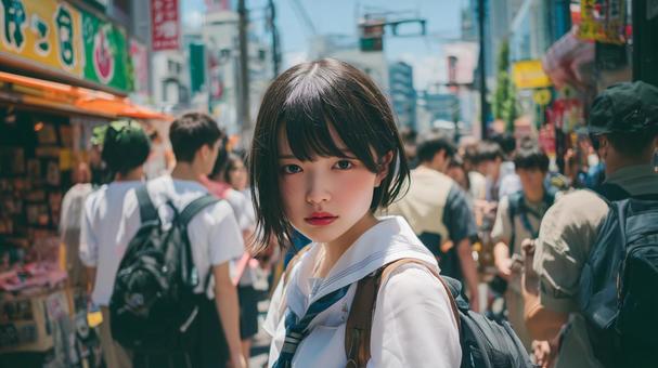 街中を歩く女子高生の写真