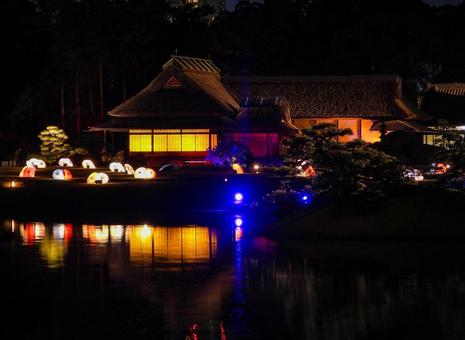 ライトアップした岡山後楽園の延養亭 岡山後楽園,ライトアップ,秋の幻想庭園の写真素材