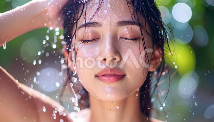 猛暑　頭から水を浴びる女性 水浴び,猛暑,クールリングの写真素材