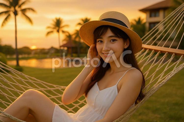 麦わら帽子の美少女の夕暮れ 女性,笑顔,夏の写真素材