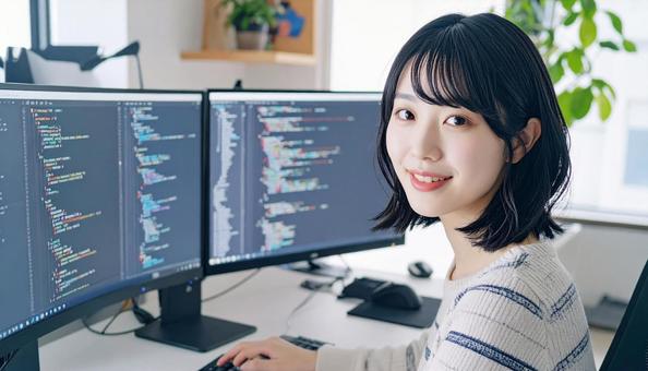 プログラミングをする女性エンジニア プログラミングをする女性エンジニアの写真