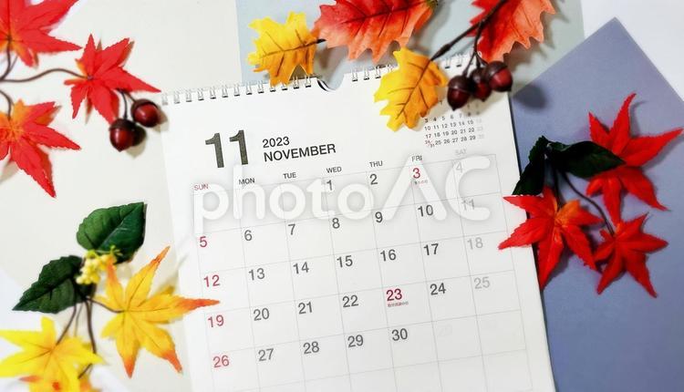 2023年11月カレンダーと紅葉１ 11月,カレンダー,2023年の写真素材