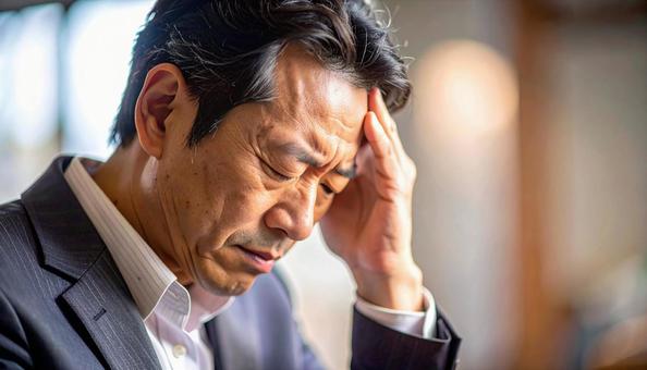 頭を抱えて落ち込む日本人男性 頭を抱えて落ち込む日本人男性の写真