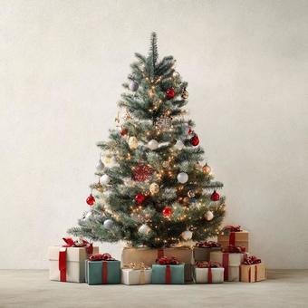 プレゼントが置いているクリスマスツリー プレゼントが置いているクリスマスツリーの写真