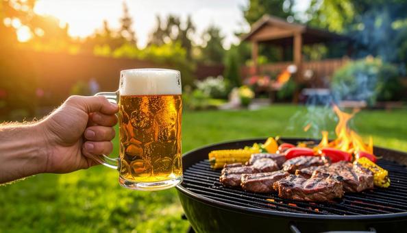 ビールで乾杯するバーベキュー ビールで乾杯するバーベキューの写真