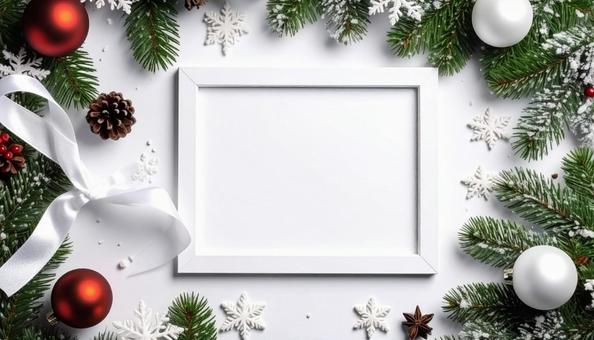 クリスマス　フレーム　白背景　雪　リボンの写真