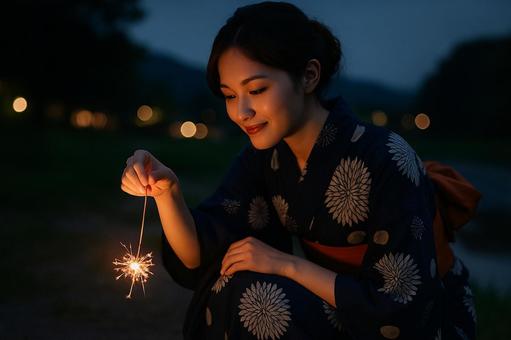 線香花火を見つめる浴衣女性 線香花火を見つめる浴衣女性の写真